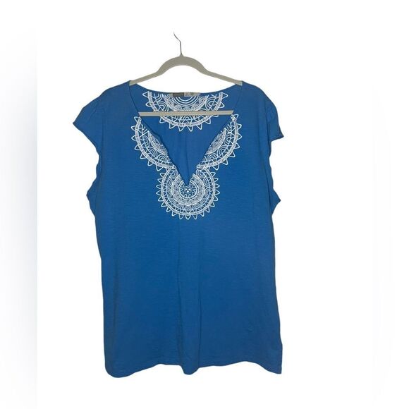 Athleta Tops - Athleta Embroidered Blouse Short Sleeve Deep V Neck Size 2X